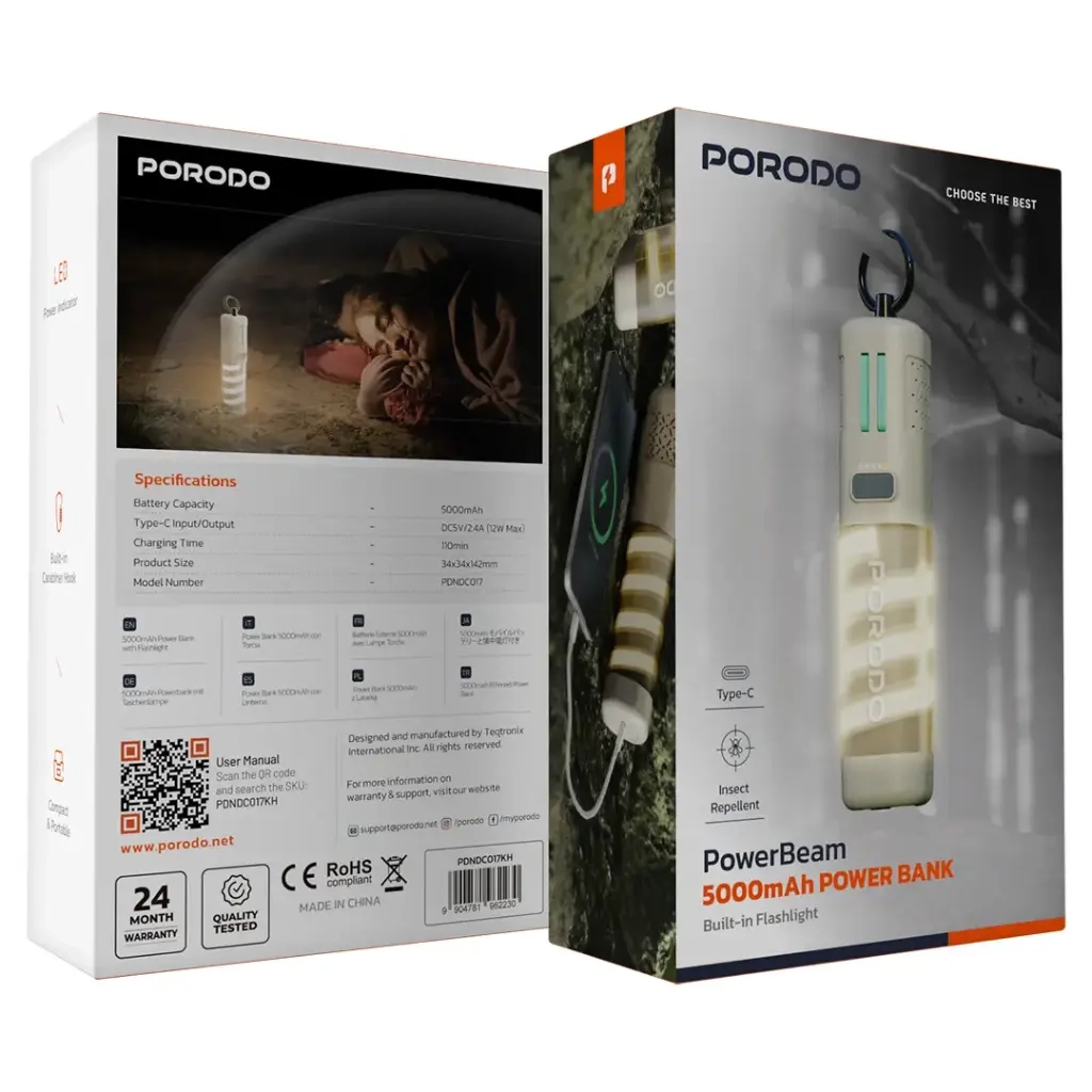 پاور بانک پرودو مدل Porodo PowerBeam 5000mAh Power Bank with Built-In Flashlight