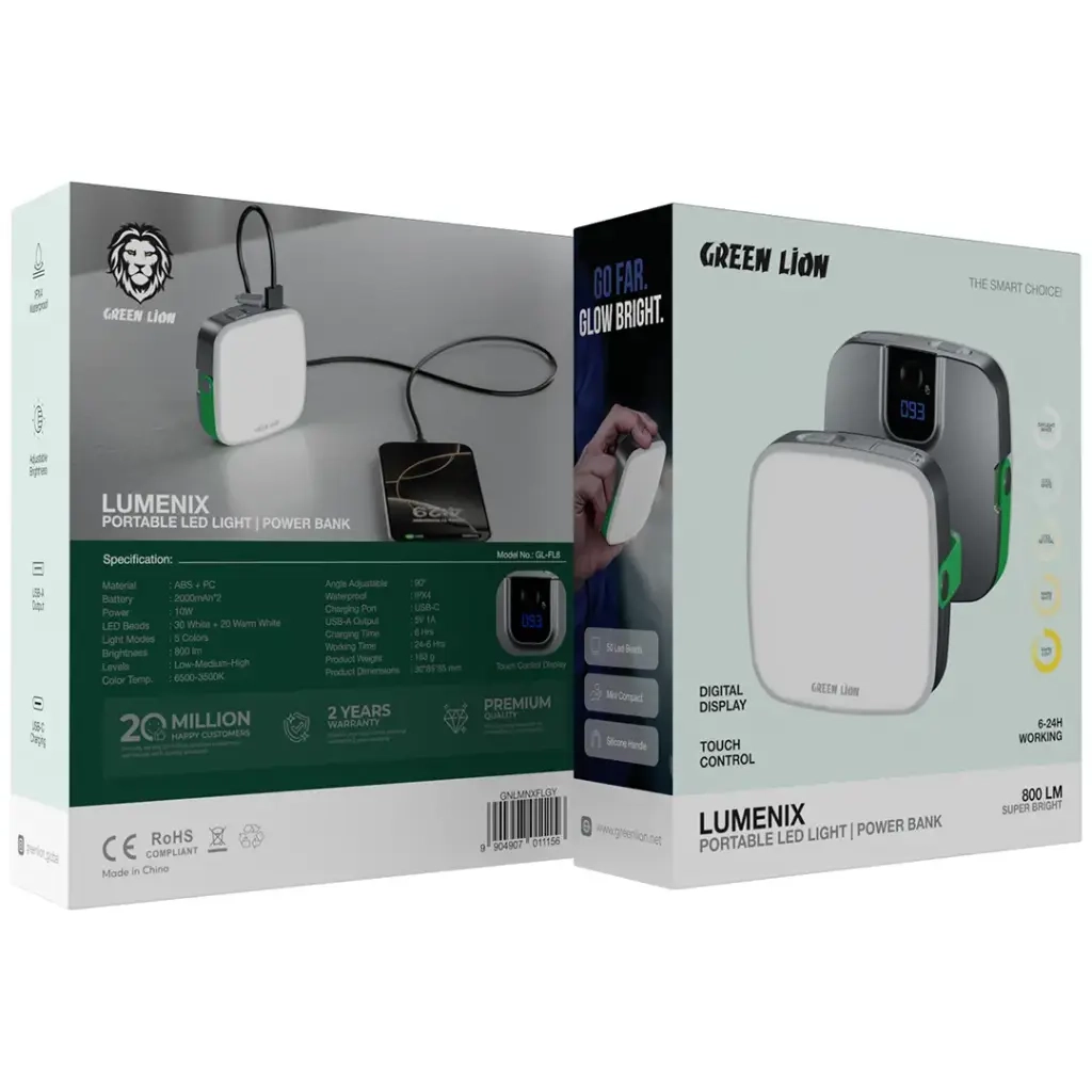 " چراغ LED گرین لاین مدل Lumenix با پاور بانک ۲۰۰۰ میلی‌آمپر