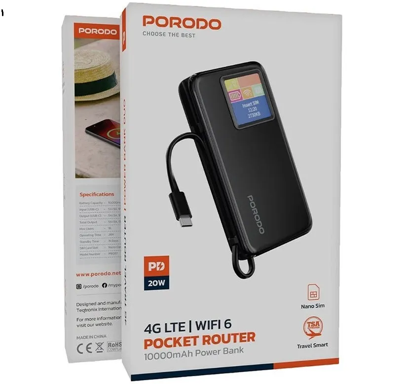 پاوربانک پرودو مدل PDPBFCH087 ظرفیت ۱۰ هزار با مودم جیبی ۴G LTE