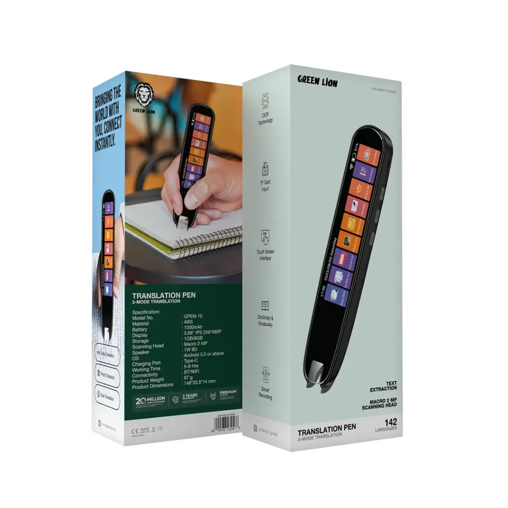 ` تهران+ ارسال با پیک+قلم ترجمه گرین لاین Translation Pen یک دستگاه فوق‌العاده هوشمند و کوچک است که متن‌های چاپی و دست‌نویس را فقط با یک کشیدن روی کاغذ، فوراً ترجمه و برایتان می‌خواند؛ بهترین دوست دانش‌آموزان، دانشجویان، گردشگران و تاجران بین‌المللی!  صفحه‌نمایش لمسی ۳.۶۹ اینچ IPS + اسکن فوق‌دقیق دوربین ۲ مگاپیکسلی ماکرو فناوری OCR پیشرفته برای تشخیص دقیق متن چاپی و حتی دست‌خط ترجمه لحظه‌ای و نمایش روان روی صفحه رنگی بزرگ پشتیبانی از ۱۴۲ زبان زنده دنیا فارسی ↔ انگلیسی، چینی، عربی، اسپانیایی، فرانسوی، آلمانی، ژاپنی، کره‌ای و … هم ترجمه آنلاین (با WiFi) و هم ترجمه آفلاین (با دیکشنری داخلی)  صدای خوانش طبیعی + ضبط هوشمند متن ترجمه‌شده را با صدای بلند و طبیعی می‌خواند قابلیت ضبط صدا در کلاس، جلسه یا مصاحبه و تبدیل خودکار گفتار به متن  باتری ۱۰۰۰ میلی‌آمپرساعت + شارژ Type-C تا ۵.۶ ساعت استفاده مداوم شارژ کامل در کمتر از ۲ ساعت پشتیبانی از کارت حافظه TF برای ذخیره هزاران صفحه متن و ترجمه