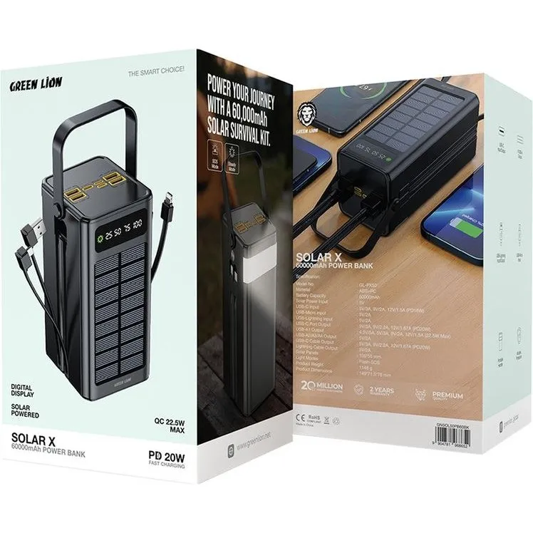 " پاور بانک گرین لاین مدل Solar X ظرفیت 60000 میلی آمپر ساعت
