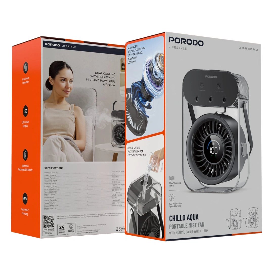 پنکه مه پاش قابل حمل Chillo Aqua پرودو(PDLFSTZH26BK)Porodo Lifestyle Chillo Aqua Portable Mist Fan with 500mL Large Water Tank – Black