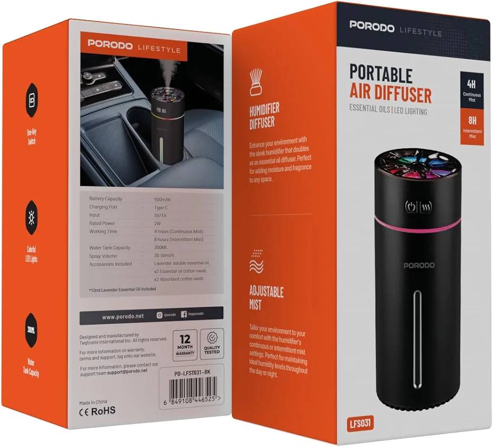 خوشبو کننده و رطوبت ساز پرودو Porodo Portable Air Diffuser PD-LFST031 ظرفیت 300 میلی لیتر
