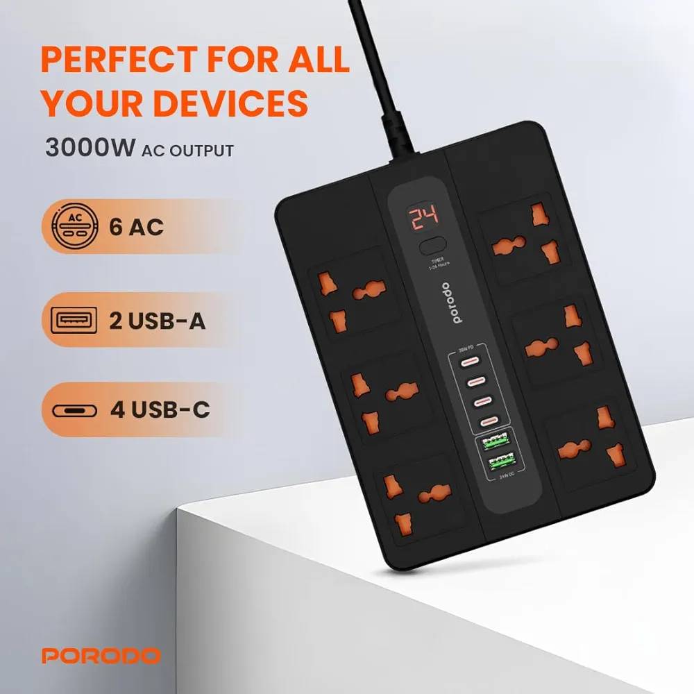 چندراهی برق و هاب شارژ پرودو مدل Porodo Multi-Port Super Hub PD-FWCH009-3M | 6 پریز، 6 پورت USB و توان 3000W