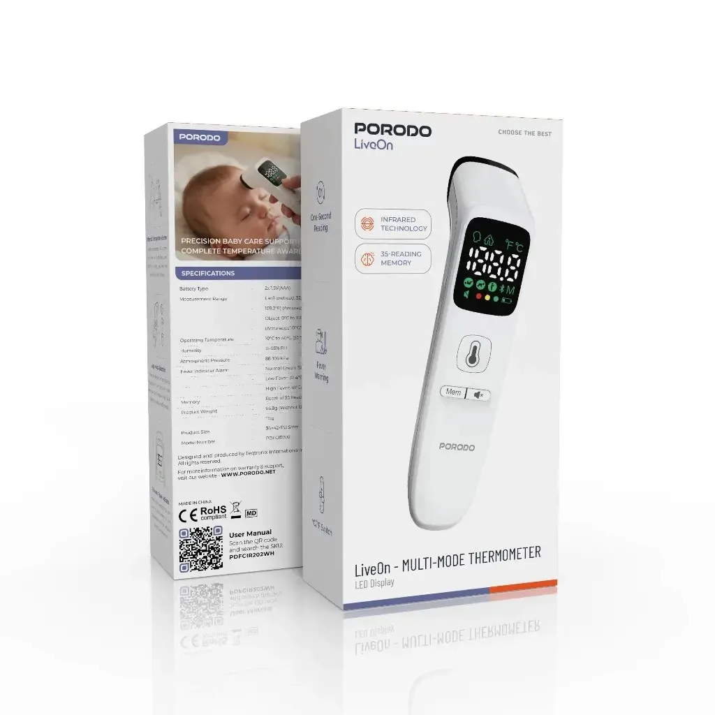 " تب سنج دیجیتال پورودو مدل PDFCIR202WH | Porodo LiveOn - MULTI-MODE THERMOMETER LED Display