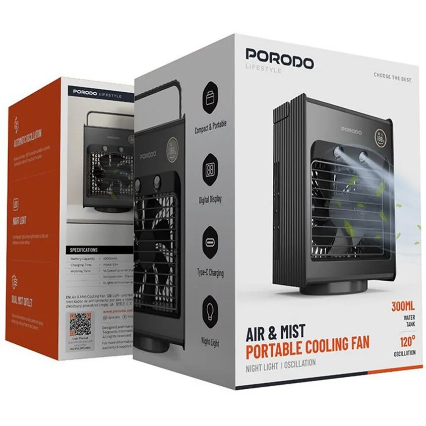" پنکه شارژی رومیزی مه پاش پرودو Porodo Air & Mist Portable Cooling Fan PDLSMFAN
